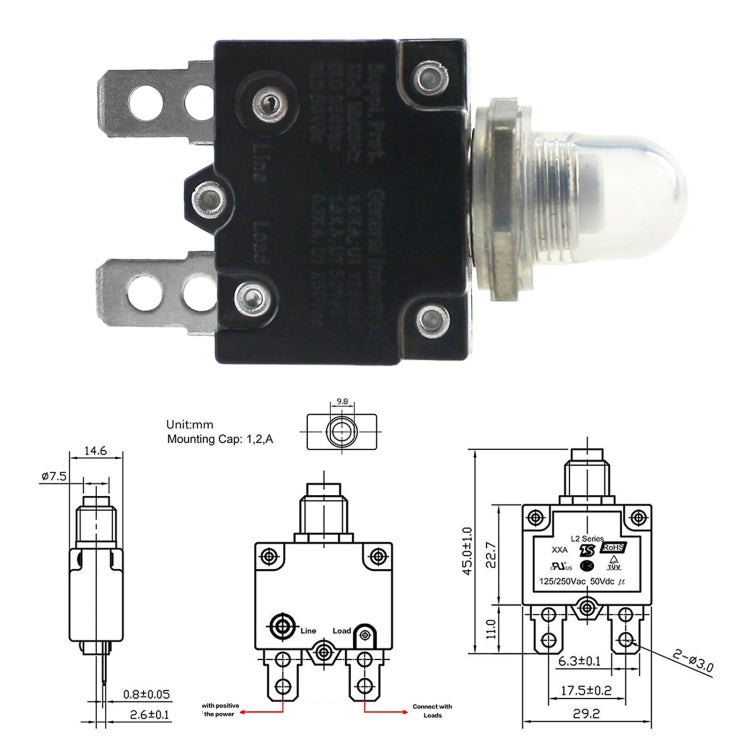 L2 Series 50V Car Overload Protector Manual Reset DC Circuit Breaker with Waterproof Cover, Current:5A - Fuse by PMC TechLife | Online Shopping South Africa | PMC TechLife