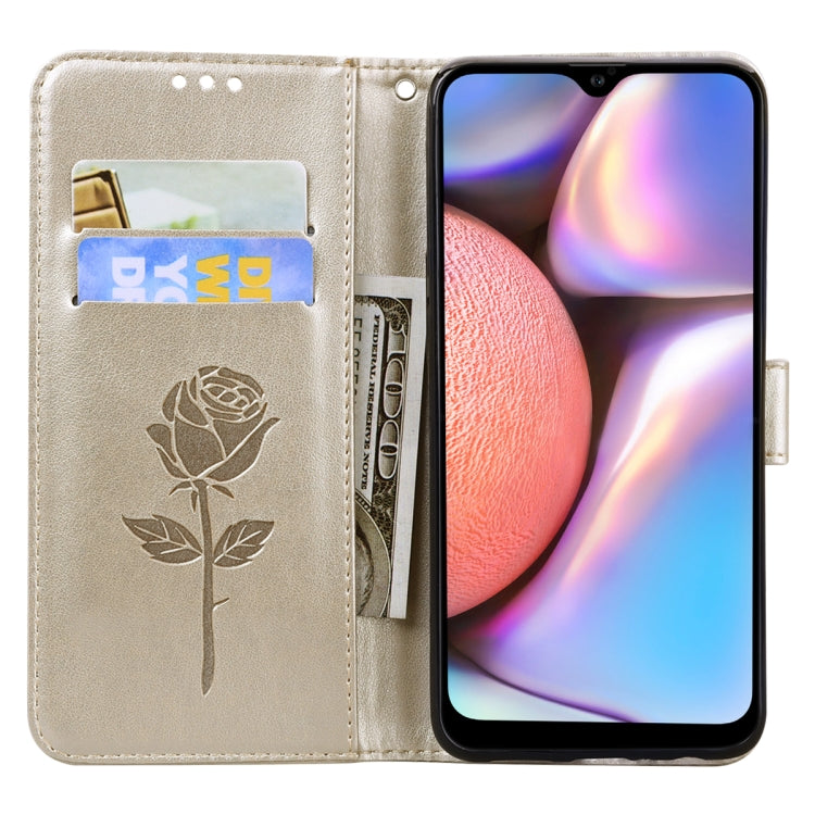 For Samsung Galaxy A12 Rose Embossed Horizontal Flip PU Leather Case with Holder & Card Slots & Wallet(Gold) - free shipping - PMC TechLife - Order now!
