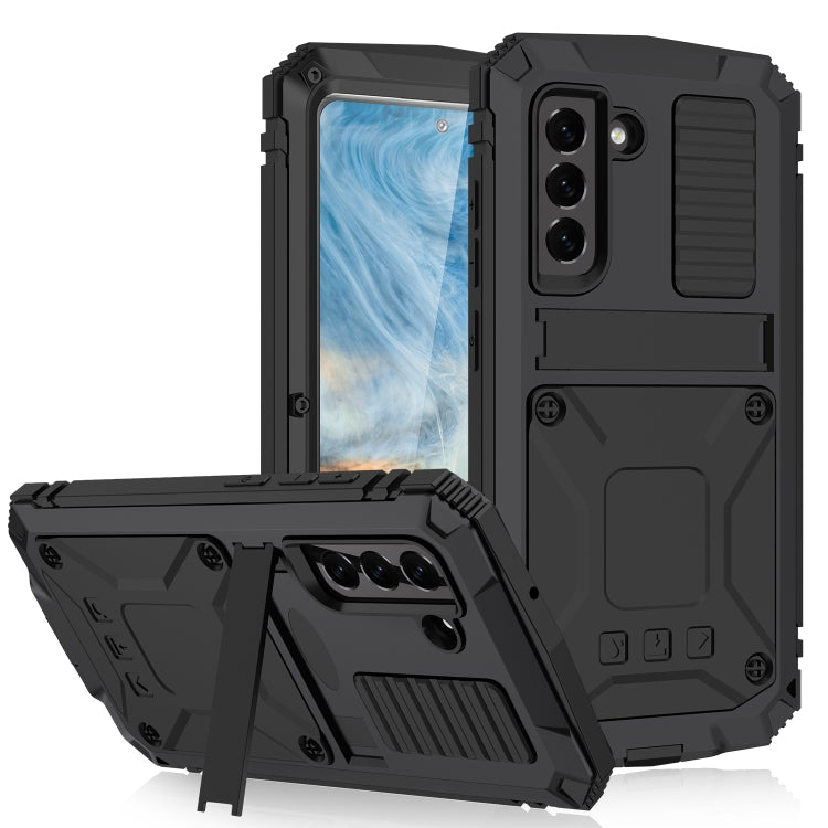 For Samsung Galaxy S21 FE R-JUST Shockproof Waterproof Dust-proof Metal + Silicone Protective Case with Holder(Black) - Galaxy Phone Cases by R-JUST | Online Shopping South Africa | PMC TechLife | Buy Now Pay Later Mobicred