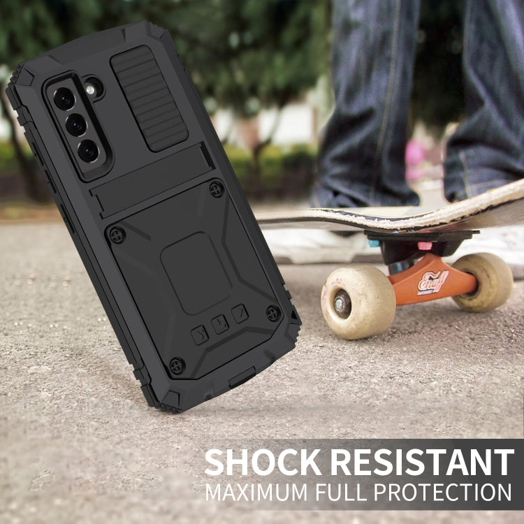For Samsung Galaxy S21 FE R-JUST Shockproof Waterproof Dust-proof Metal + Silicone Protective Case with Holder(Black) - Galaxy Phone Cases by R-JUST | Online Shopping South Africa | PMC TechLife | Buy Now Pay Later Mobicred