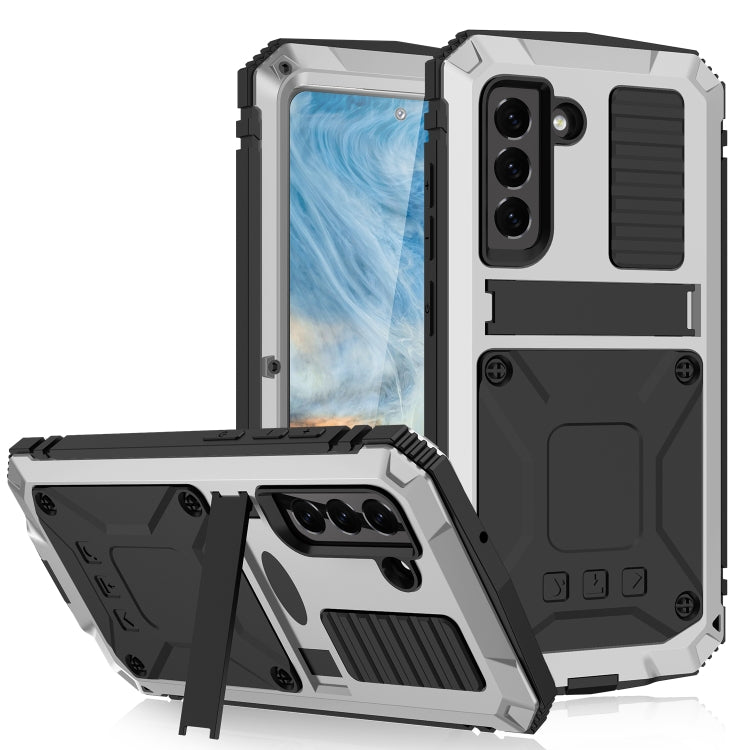 For Samsung Galaxy S21 FE R-JUST Shockproof Waterproof Dust-proof Metal + Silicone Protective Case with Holder(Silver) - Galaxy Phone Cases by R-JUST | Online Shopping South Africa | PMC TechLife | Buy Now Pay Later Mobicred