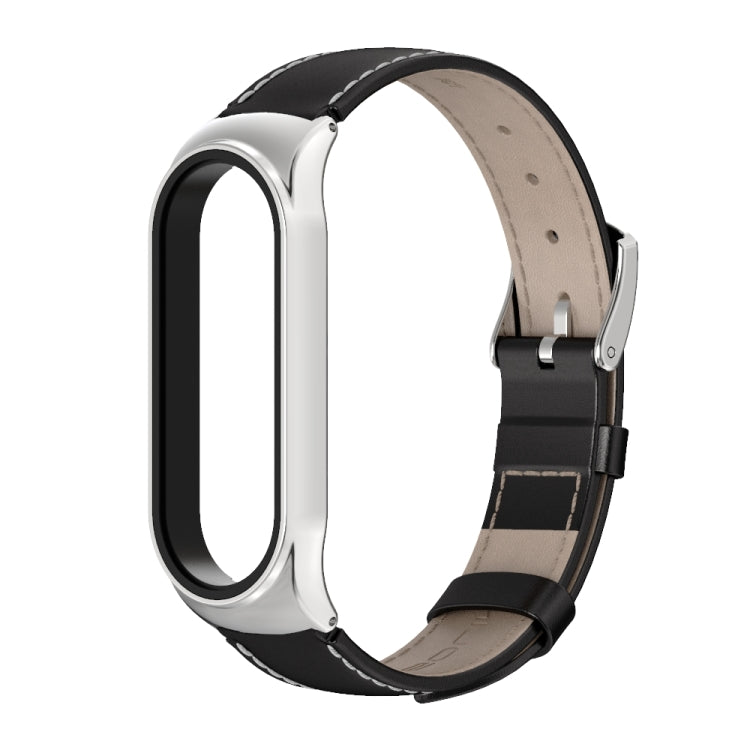 For Xiaomi Mi Band 6 / 5 / 4 / 3 Mijobs CS First Layer Cowhide Watch Band(Black + Silver) - Watch Bands by MIJOBS | Online Shopping South Africa | PMC TechLife | Buy Now Pay Later Mobicred