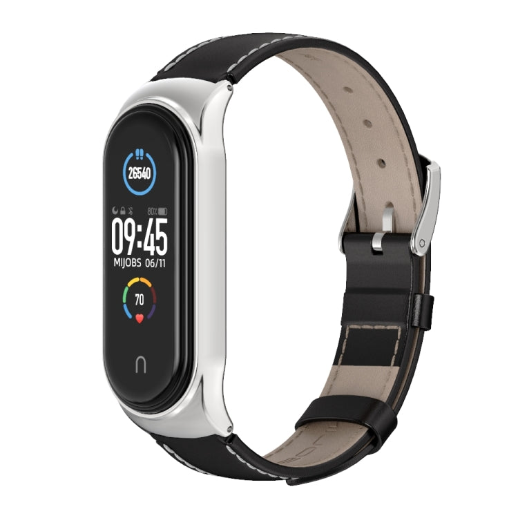 For Xiaomi Mi Band 6 / 5 / 4 / 3 Mijobs CS First Layer Cowhide Watch Band(Black + Silver) - Watch Bands by MIJOBS | Online Shopping South Africa | PMC TechLife | Buy Now Pay Later Mobicred