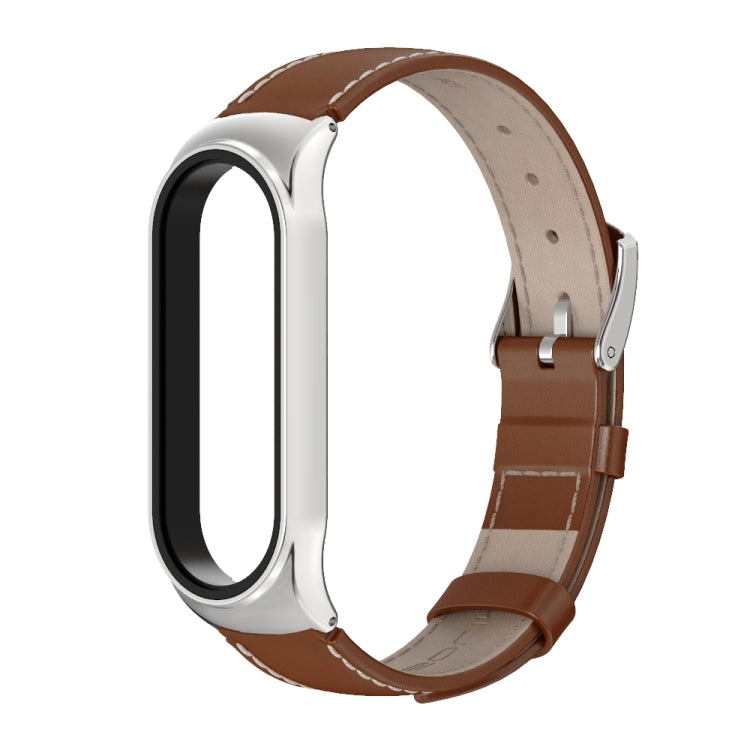 For Xiaomi Mi Band 6 / 5 / 4 / 3 Mijobs CS First Layer Cowhide Watch Band(Brown + Silver) - Watch Bands by MIJOBS | Online Shopping South Africa | PMC TechLife | Buy Now Pay Later Mobicred