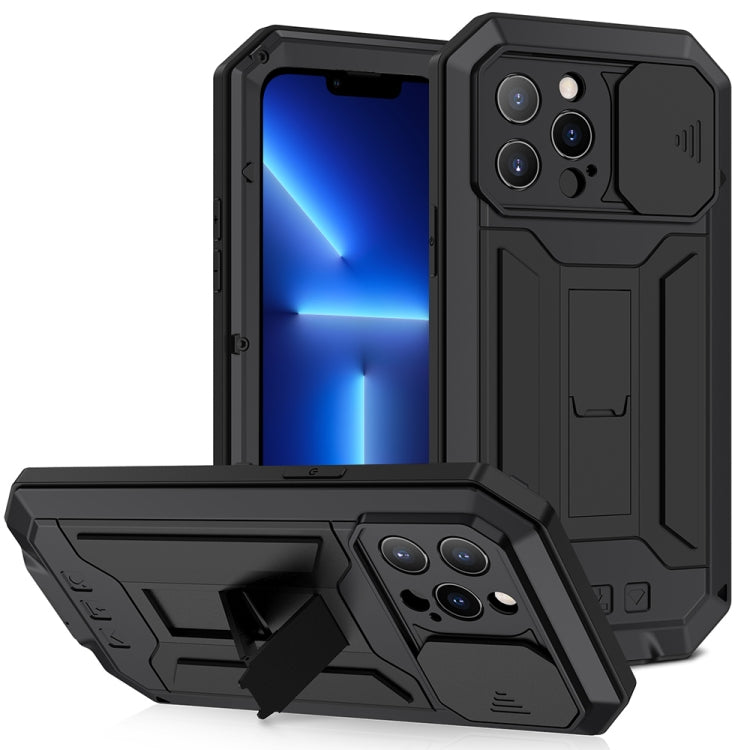 For iPhone 13 Pro R-JUST Sliding Camera Shockproof Life Waterproof Dust-proof Metal + Silicone Protective Case with Holder (Black) - iPhone 13 Pro Cases by R-JUST | Online Shopping South Africa | PMC TechLife | Buy Now Pay Later Mobicred