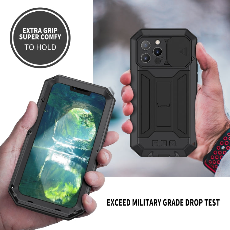 For iPhone 13 Pro R-JUST Sliding Camera Shockproof Life Waterproof Dust-proof Metal + Silicone Protective Case with Holder (Black) - iPhone 13 Pro Cases by R-JUST | Online Shopping South Africa | PMC TechLife | Buy Now Pay Later Mobicred