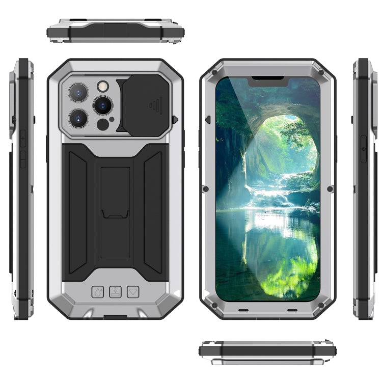 For iPhone 13 Pro R-JUST Sliding Camera Shockproof Life Waterproof Dust-proof Metal + Silicone Protective Case with Holder (Silver) - free shipping - PMC TechLife - Order now!