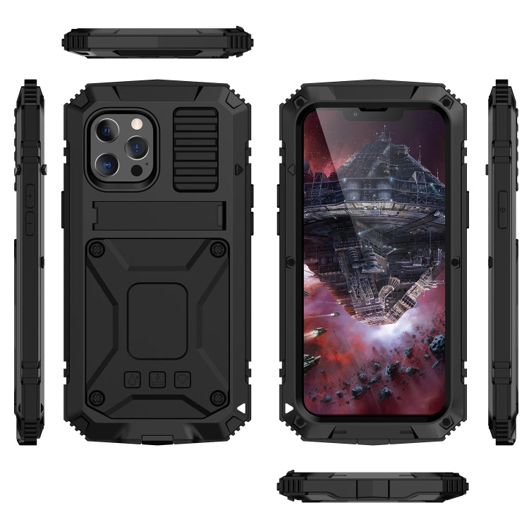 For iPhone 13 R-JUST Shockproof Waterproof Dust-proof Metal + Silicone Protective Case with Holder(Black) - iPhone 13 Cases by R-JUST | Online Shopping South Africa | PMC TechLife | Buy Now Pay Later Mobicred