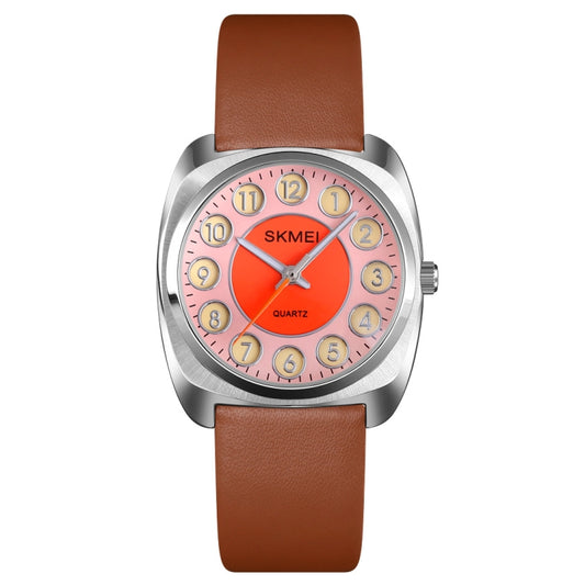 SKMEI Q029 Ladies Phone Number Pattern Dial Leather Strap Quartz Watch(Orange) - Leather Strap Watches by SKMEI | Online Shopping South Africa | PMC Jewellery | Buy Now Pay Later Mobicred