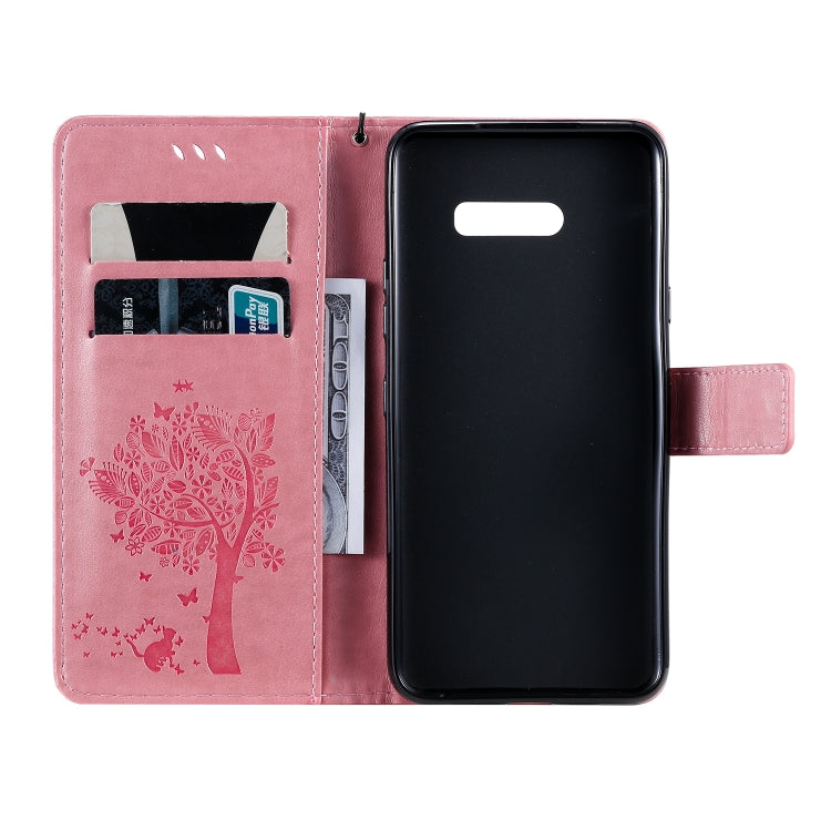 For LG G8X Tree & Cat Pattern Pressed Printing Horizontal Flip PU Leather Case with Holder & Card Slots & Wallet & Lanyard(Pink) - LG Cases by PMC TechLife | Online Shopping South Africa | PMC TechLife | Buy Now Pay Later Mobicred