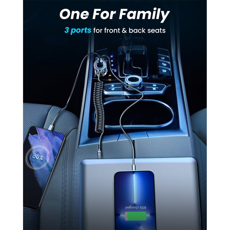 JOYROOM JR-CL07 3 in 1 55W PD USB-C / Type-C + USB Interface Car Charger with USB-C / Type-C Spring Data Cable(Black) - free shipping - PMC TechLife - Order now!