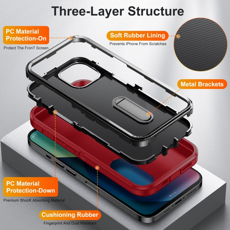 For iPhone 13 3 in 1 Rugged Holder Phone Case(Red + Black) - iPhone 13 Cases by PMC TechLife | Online Shopping South Africa | PMC TechLife