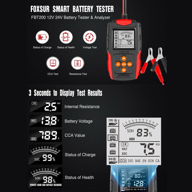 FOXSUR FBT200 12V / 24V Car Battery Tester(Orange) - Electronic Test by FOXSUR | Online Shopping South Africa | PMC TechLife | Buy Now Pay Later Mobicred