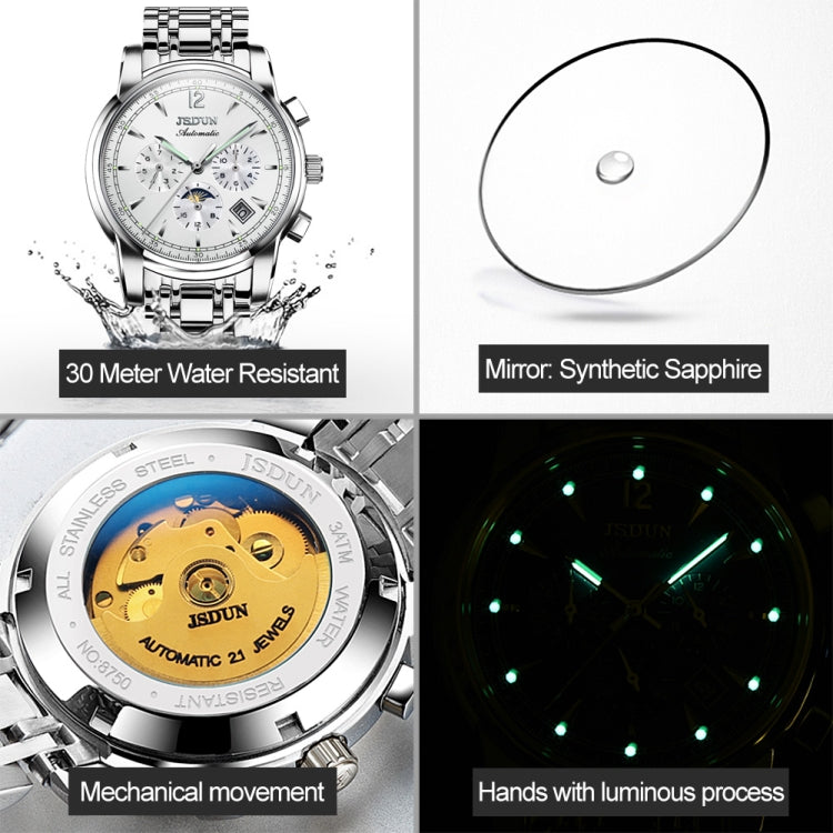 JIN SHI DUN 8750 Men Fashion Waterproof Luminous Mechanical Watch(Silver White) - Metal Strap Watches by JIN SHI DUN | Online Shopping South Africa | PMC Jewellery | Buy Now Pay Later Mobicred