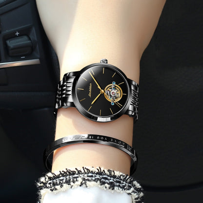 JIN SHI DUN 8812 Women Simple Hollowed Waterproof Automatic Mechanical Watch(Black Steel Strip) - Metal Strap Watches by JIN SHI DUN | Online Shopping South Africa | PMC Jewellery | Buy Now Pay Later Mobicred