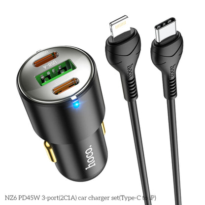 hoco NZ6 Dual Type-C / USB-C + USB PD45W 3-port Car Charger with Type-C / USB-C to 8 Pin Charging Cable(Black) - Car Charger by hoco | Online Shopping South Africa | PMC Jewellery