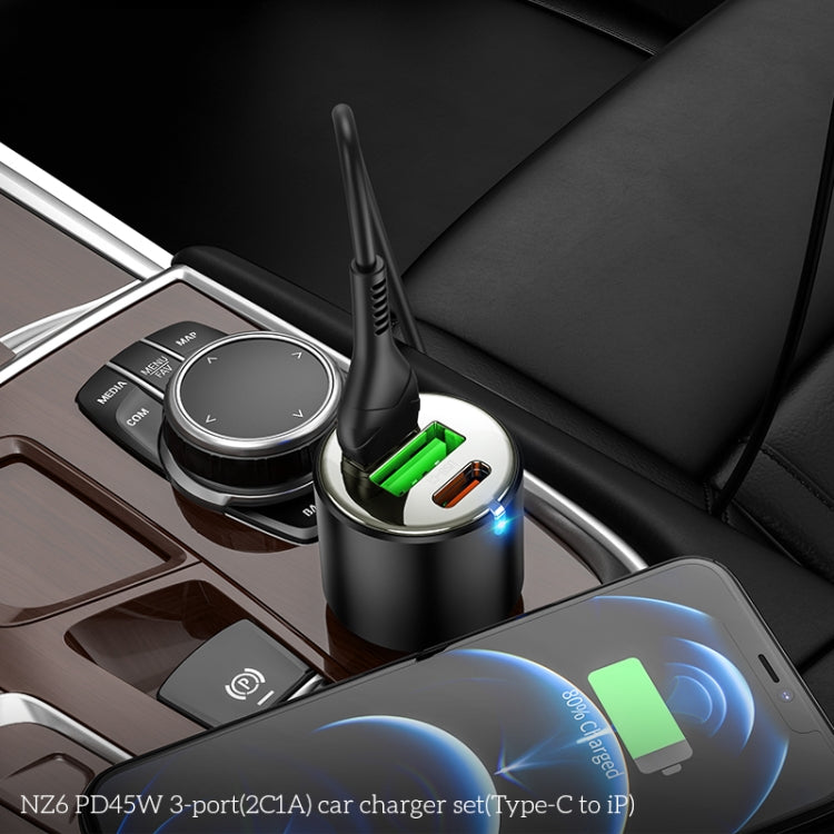 hoco NZ6 Dual Type-C / USB-C + USB PD45W 3-port Car Charger with Type-C / USB-C to 8 Pin Charging Cable(Black) - Car Charger by hoco | Online Shopping South Africa | PMC Jewellery