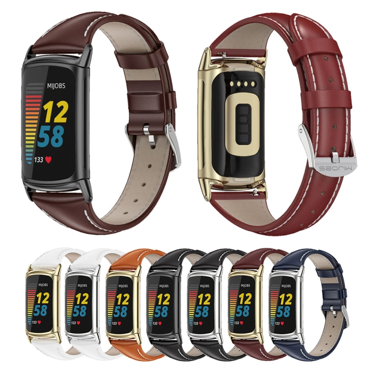 For Fitbit Charge 5 / Charge 6 Mijobs Genuine Leather Slim Watch Band(Red+Gold) - Watch Bands by MIJOBS | Online Shopping South Africa | PMC TechLife | Buy Now Pay Later Mobicred