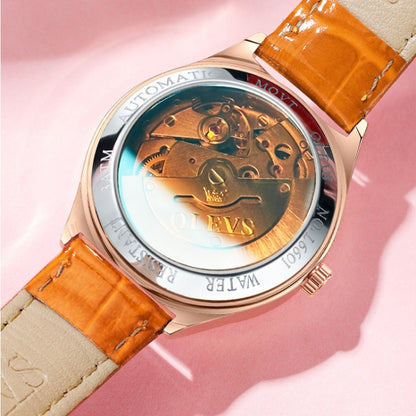 OLEVS 6611 Dragonfly Dual Calendar Mechanical Ladies Watch(Orange) - Leather Strap Watches by OLEVS | Online Shopping South Africa | PMC Jewellery | Buy Now Pay Later Mobicred