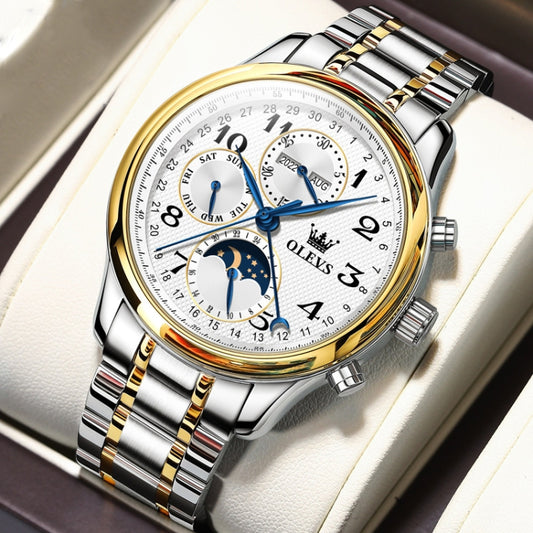 OLEVS 6667 Multifunction Waterproof Luminous Mechanical Men Watch(Steel Band+Gold White) - Metal Strap Watches by OLEVS | Online Shopping South Africa | PMC Jewellery | Buy Now Pay Later Mobicred