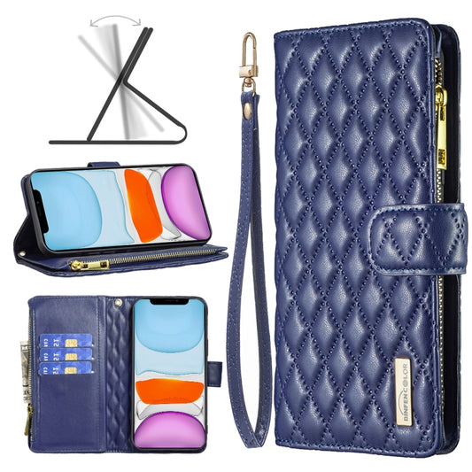 For iPhone 11 Diamond Lattice Zipper Wallet Leather Flip Phone Case (Blue) - iPhone 11 Cases by PMC Jewellery | Online Shopping South Africa | PMC Jewellery