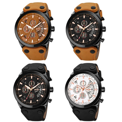 SKMEI 9282 Stainless Steel Buckle Leather Strap Waterproof Quartz Watch(Brown Belt Black Surface) - Leather Strap Watches by SKMEI | Online Shopping South Africa | PMC Jewellery | Buy Now Pay Later Mobicred