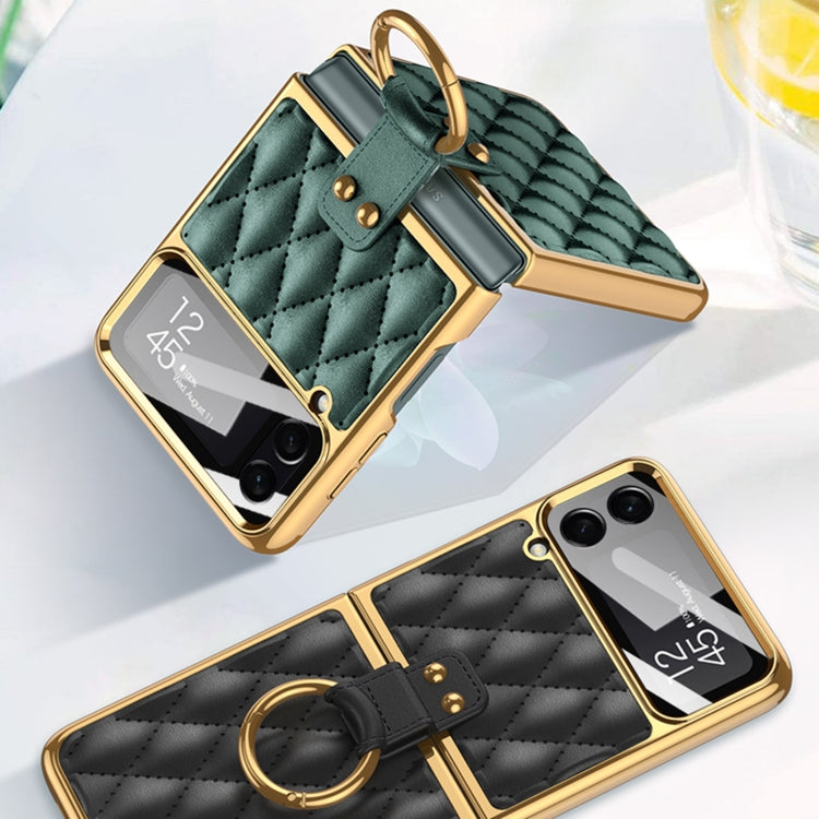 For Samsung Galaxy Z Flip4 GKK Integrated Plating + Leather Phone Case with Ring(Green) - Galaxy Z Flip4 5G Cases by GKK | Online Shopping South Africa | PMC Jewellery