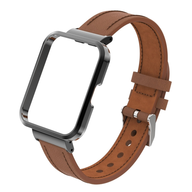 For Xiaomi Redmi Watch 2 Genuine Leather Metal Case Integrated Watch Band(Brown) - Watch Bands by PMC TechLife | Online Shopping South Africa | PMC TechLife | Buy Now Pay Later Mobicred