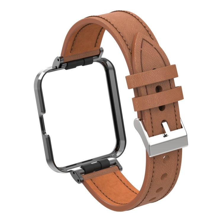 For Xiaomi Redmi Watch 2 Genuine Leather Metal Case Integrated Watch Band(Brown) - Watch Bands by PMC TechLife | Online Shopping South Africa | PMC TechLife | Buy Now Pay Later Mobicred