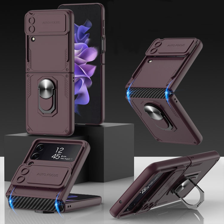 For Samsung Galaxy Z Flip4 GKK Carbon Brazing Pattern Shockproof Armor PC Phone Case with Ring Holder(Wine Red) - Galaxy Z Flip4 5G Cases by GKK | Online Shopping South Africa | PMC TechLife