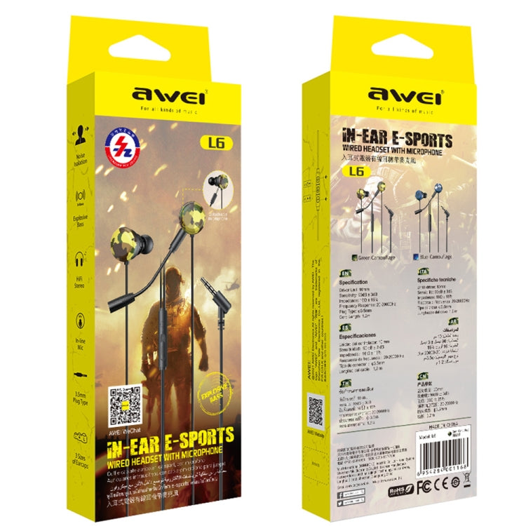 awei L6 1.2m In-ear E-sports Wired Headset With Microphone(Yellow) - In Ear Wired Earphone by awei | Online Shopping South Africa | PMC Jewellery