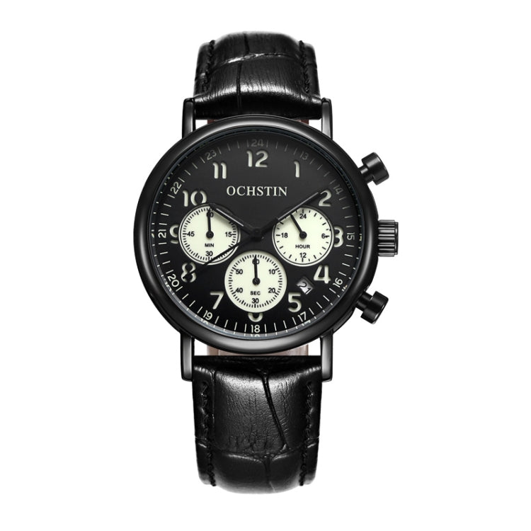 Ochstin 5081A Multifunctional Luminous Waterproof Leather Strap Quartz Watch(Black+Black+Black) - Leather Strap Watches by OCHSTIN | Online Shopping South Africa | PMC Jewellery | Buy Now Pay Later Mobicred