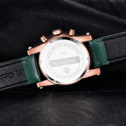 Ochstin 5111B Multifunctional Business Waterproof Luminous Leather Strap Quartz Watch(Rose Gold+Green) - Leather Strap Watches by OCHSTIN | Online Shopping South Africa | PMC Jewellery | Buy Now Pay Later Mobicred