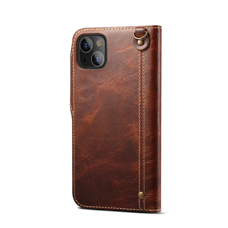 For iPhone 14 Denior Oil Wax Cowhide Magnetic Button Genuine Leather Case(Brown) - free shipping - PMC TechLife - Order now!