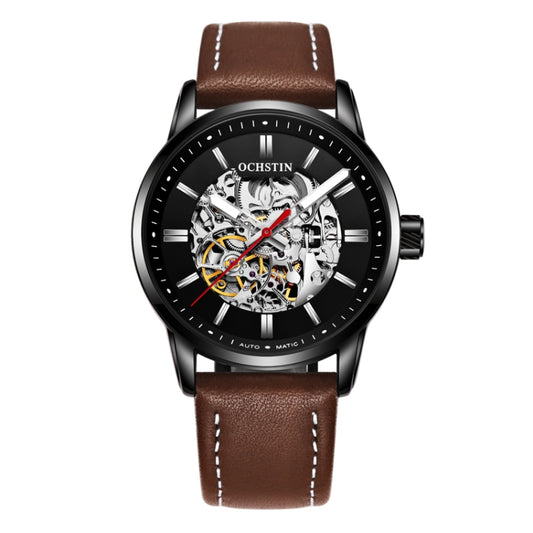 OCHSTIN 62001B Master Series Hollow Mechanical Men Watch(Black-Brown) - Leather Strap Watches by OCHSTIN | Online Shopping South Africa | PMC Jewellery | Buy Now Pay Later Mobicred