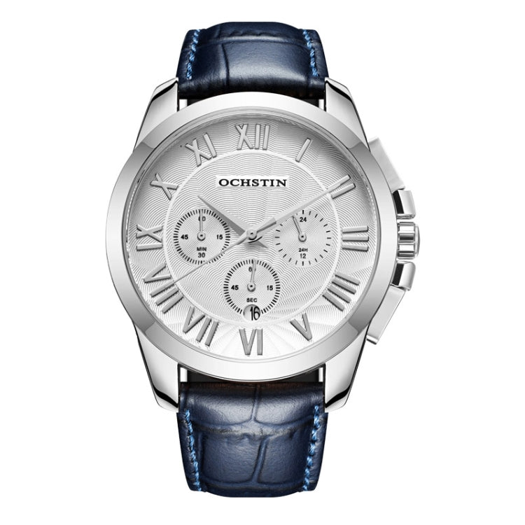 OCHSTIN 6059B Augustine Celebrity Series Multifunctional Quartz Waterproof Men Watch(Silver+Blue) - Leather Strap Watches by OCHSTIN | Online Shopping South Africa | PMC Jewellery | Buy Now Pay Later Mobicred