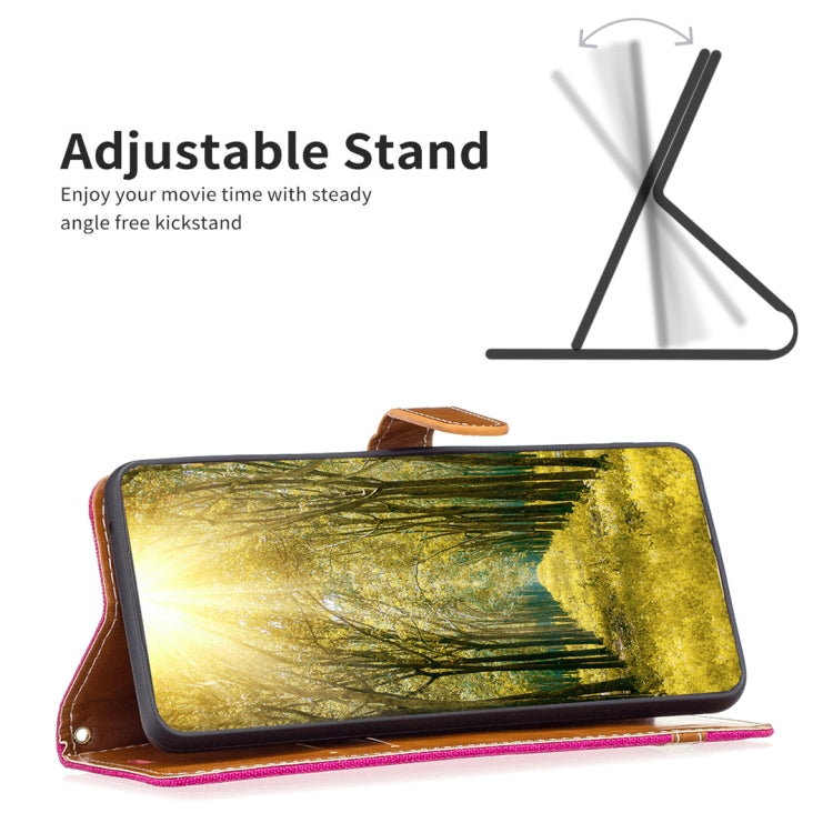 For Xiaomi Redmi 12C Color Block Denim Texture Leather Phone Case(Rose Red) - free shipping - PMC TechLife - Order now!
