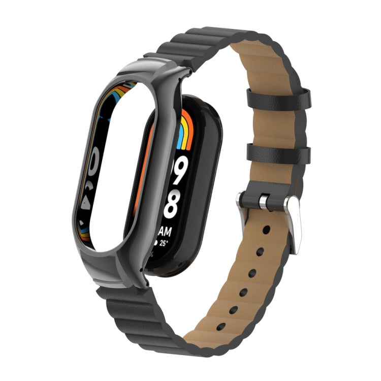 For Xiaomi Mi Band 8 Integrated Metal Case + Bamboo Leather Watch Band(Black) - Smart Wear by PMC TechLife | Online Shopping South Africa | PMC TechLife