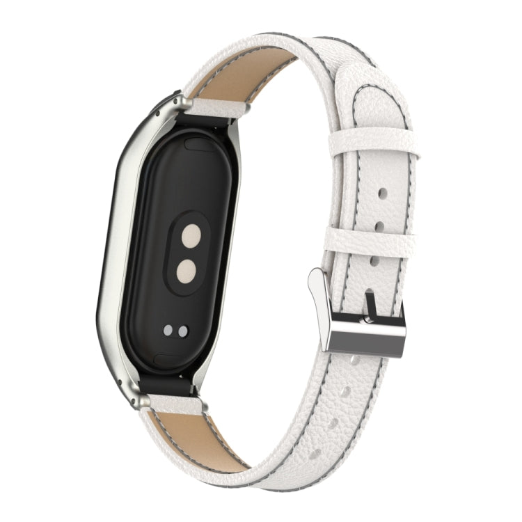 For Xiaomi Mi Band 8 Integrated Metal Case + Litchi Texture Leather Watch Band(White) - Smart Wear by PMC Jewellery | Online Shopping South Africa | PMC Jewellery