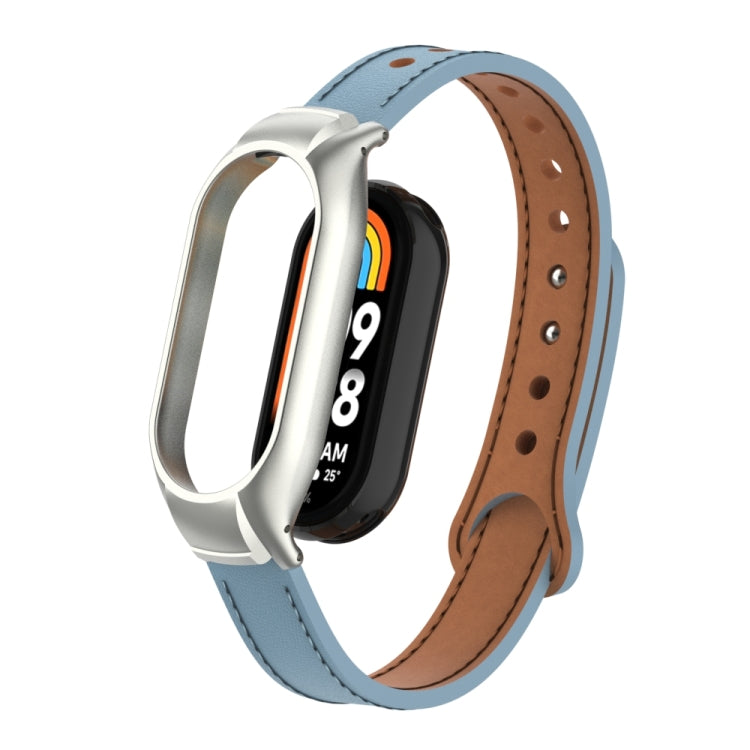 For Xiaomi Mi Band 8 Integrated Metal Case + Double Nail Microfiber Leather Watch Band(Light Blue) - Smart Wear by PMC TechLife | Online Shopping South Africa | PMC TechLife