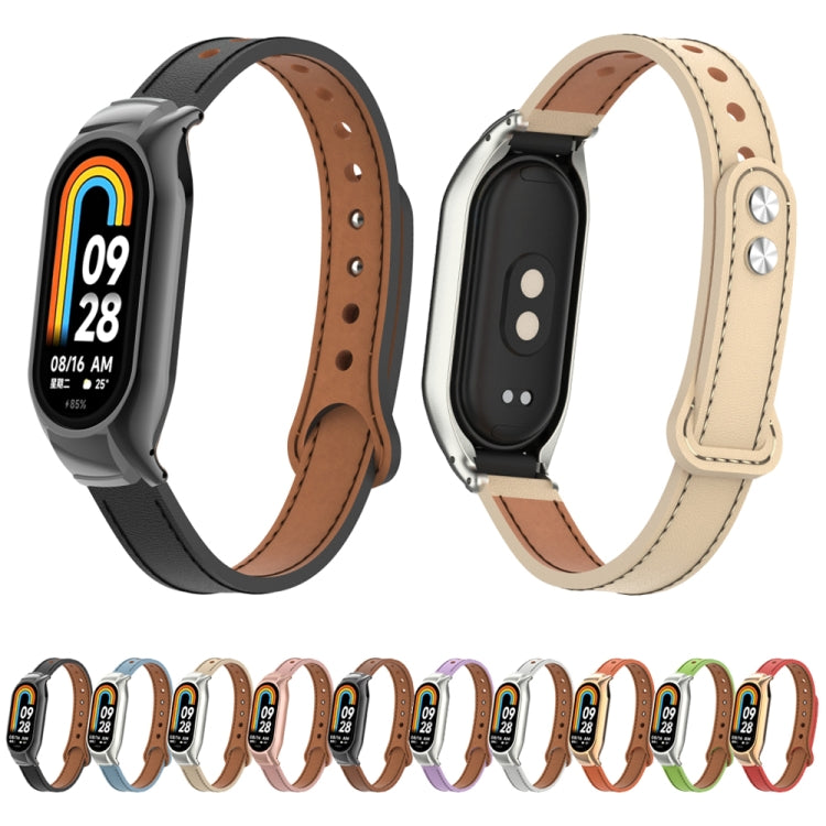 For Xiaomi Mi Band 8 Integrated Metal Case + Double Nail Microfiber Leather Watch Band(Milk Tea Color) - Smart Wear by PMC Jewellery | Online Shopping South Africa | PMC Jewellery