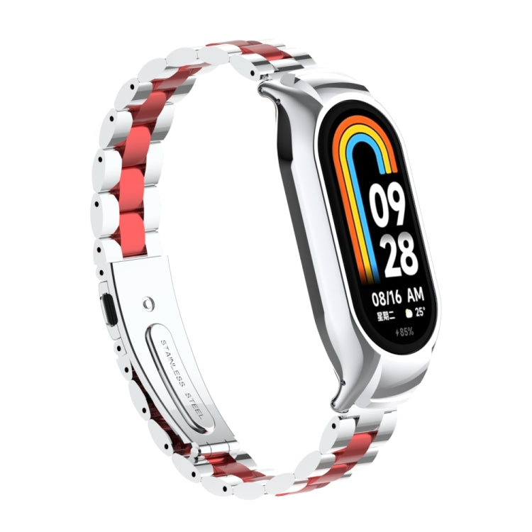 For Xiaomi Mi Band 8 Integrated Metal Case + Three-bead Watch Band(Silver+Red) - Smart Wear by PMC Jewellery | Online Shopping South Africa | PMC Jewellery