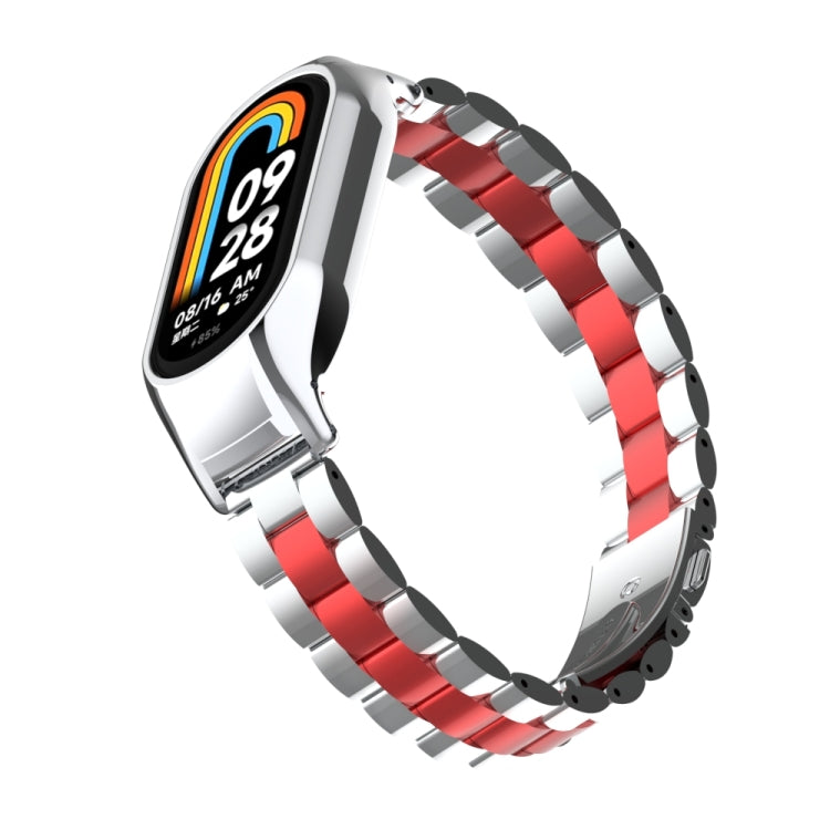 For Xiaomi Mi Band 8 Integrated Metal Case + Three-bead Watch Band(Silver+Red) - Smart Wear by PMC Jewellery | Online Shopping South Africa | PMC Jewellery