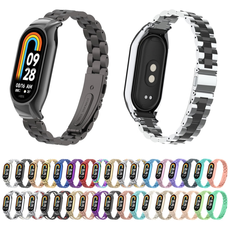 For Xiaomi Mi Band 8 Integrated Metal Case + Three-bead Watch Band(Bright Pink) - Smart Wear by PMC TechLife | Online Shopping South Africa | PMC TechLife