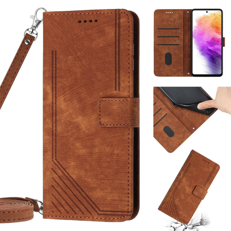 For Samsung Galaxy A14 5G Skin Feel Stripe Pattern Leather Phone Case with Lanyard(Brown) - free shipping - PMC TechLife - Order now!