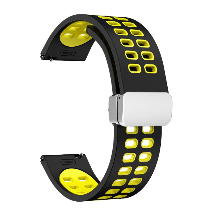 20mm Double-row Hole Folding Silver Buckle Two-color Silicone Watch Band(Black Yellow) - Smart Wear by PMC TechLife | Online Shopping South Africa | PMC TechLife