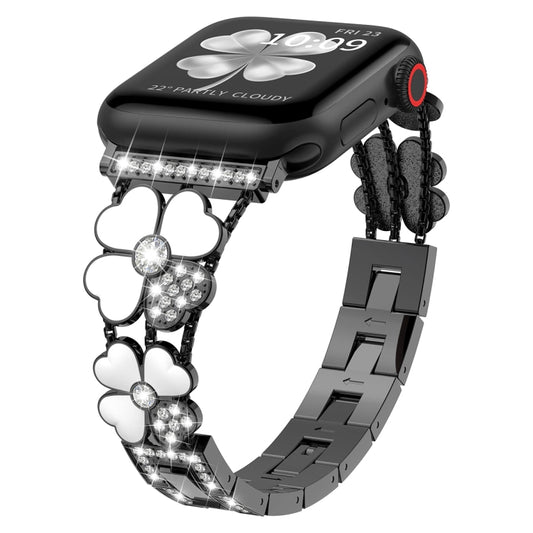 For Apple Watch 8 45mm Petal Metal Diamond Watch Band(Black+White) -  by PMC Jewellery | Online Shopping South Africa | PMC Jewellery