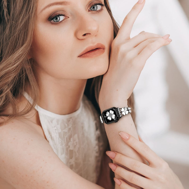 For Apple Watch 7 41mm Petal Metal Diamond Watch Band(Black+White) -  by PMC TechLife | Online Shopping South Africa | PMC TechLife