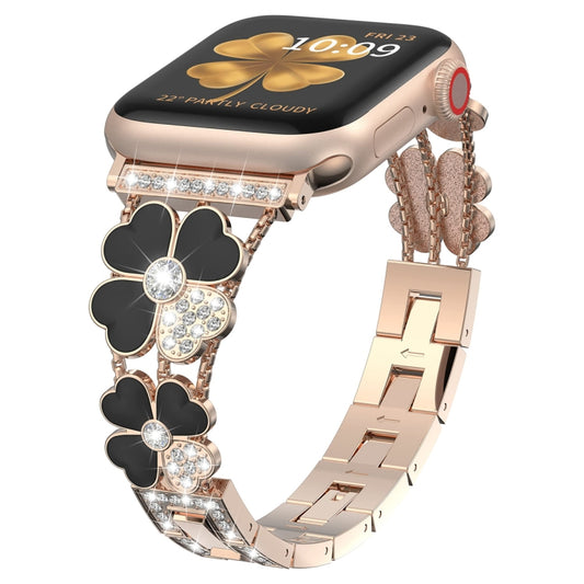 For Apple Watch 5 44mm Petal Metal Diamond Watch Band(Rose Gold+Black) - Watch Bands by PMC Jewellery | Online Shopping South Africa | PMC Jewellery