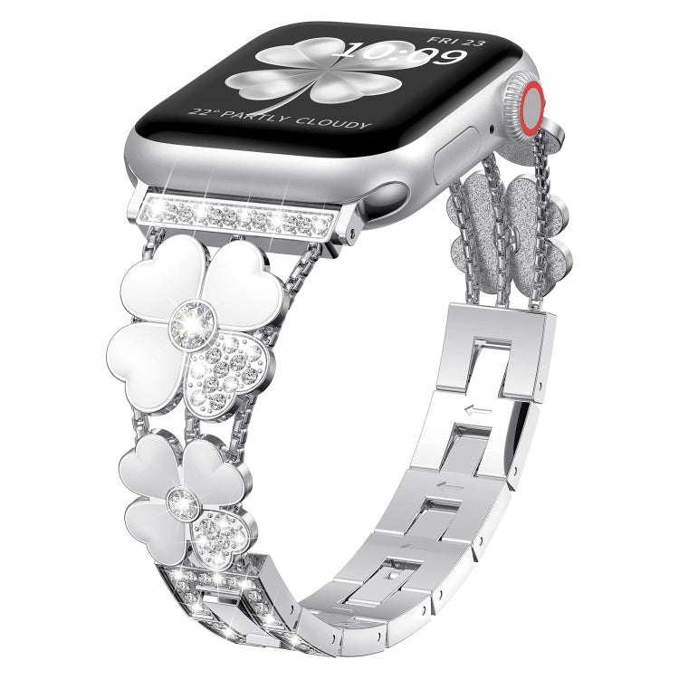 For Apple Watch 42mm Petal Metal Diamond Watch Band(Sliver+White) -  by PMC Jewellery | Online Shopping South Africa | PMC Jewellery